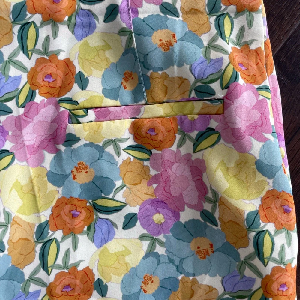 ZARA Floral Print Wide Leg High Waisted Flowy Pants Yellow Blue Green Size XL